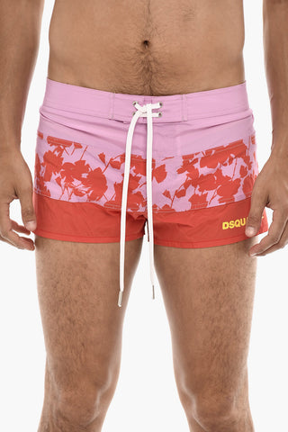 Boxer Swim Shorts with Logo and Floral Pattern