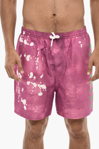 Acid Wash Swim Shorts with Drawstring Waist