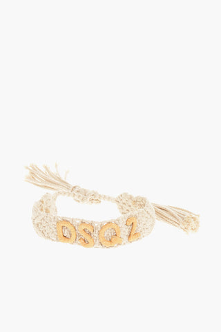Bracciale in Cotone Macramè a Tinta Unita con Logo in Rafia