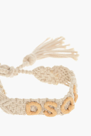 Bracciale in Cotone Macramè a Tinta Unita con Logo in Rafia