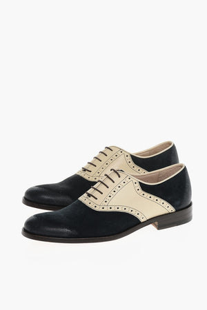 Scarpe Oxford Quarter Brogues Bicolore in Camoscio e Pelle