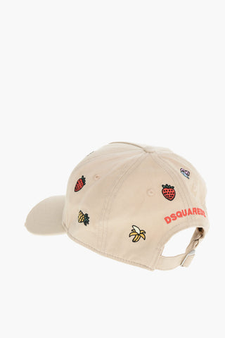 Gabardine Cotton Cap with Embroidered Fruits