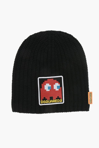 PAC-MAN Solid Color Wool Blend Beanie with Contrasting Patch