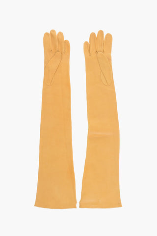 Leather Solid-Color Opera Gloves with Gold Detail