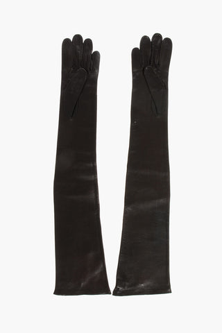 Solid Color Leather Opera Gloves with Golden Detail