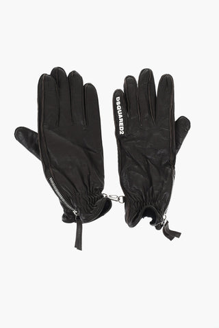 Leather Gloves With Half Zip and Embossed Logo