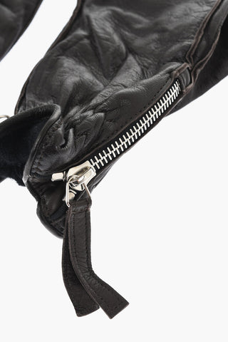 Leather Gloves With Half Zip and Embossed Logo