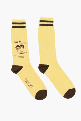 Cotton Blend Long Socks with Contrasting Print