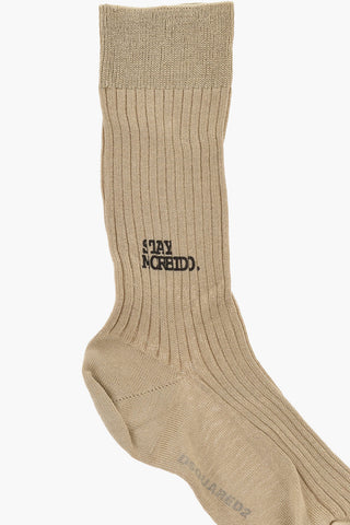 Solid Color Ribbed Mid-Crew Socks with Contrasting Print