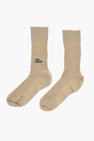 Solid Color Ribbed Mid-Crew Socks with Contrasting Print