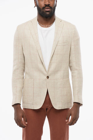 Wool Blend Single Breasted Blazer Houdstooth Motif