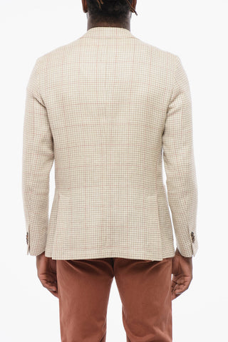 Wool Blend Single Breasted Blazer Houdstooth Motif