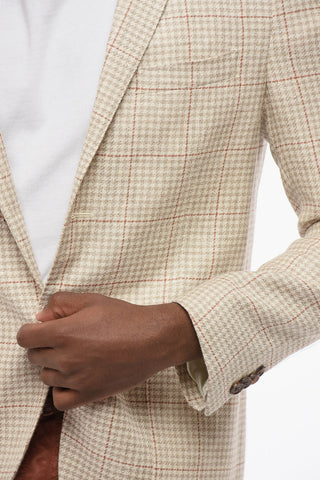 Wool Blend Single Breasted Blazer Houdstooth Motif