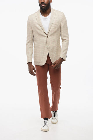 Wool Blend Single Breasted Blazer Houdstooth Motif