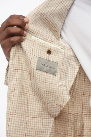 Wool Blend Single Breasted Blazer Houdstooth Motif