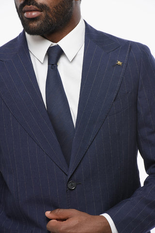 Striped Wool Blend Suit With Peak Lapel