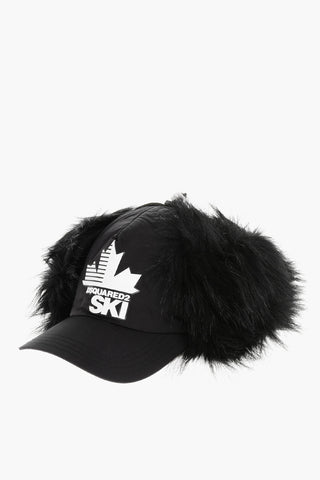 SKI Solid-Color Baseball Cap with Contrast Logo and Faux-Fur Details
