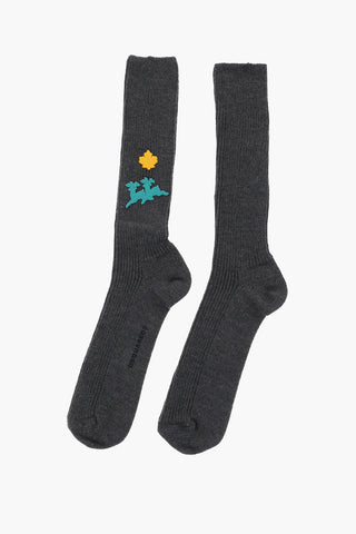 Solid Color Wool Blend Long Socks with Embroidered Details