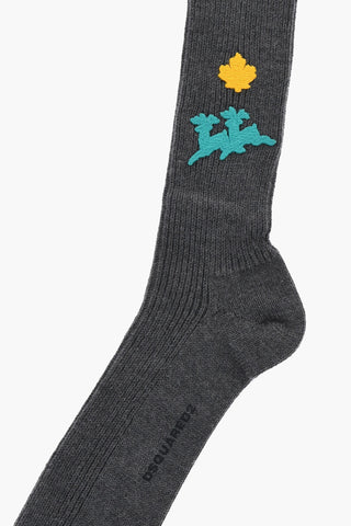Solid Color Wool Blend Long Socks with Embroidered Details