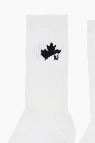 Solid Color Ribbed Mid-Crew Socks with Contrasting Logo