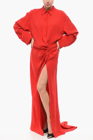 Silk Long Dress with Shirt Collar