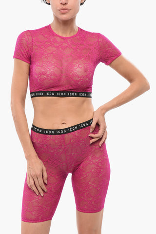 Crop Top in Pizzo con Elastico Logato