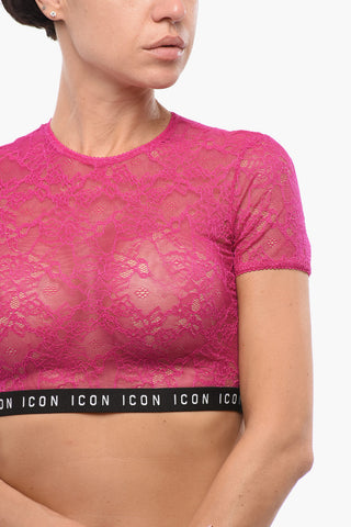 Crop Top in Pizzo con Elastico Logato