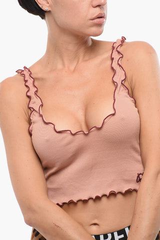 Crop Top a Costine con Logo Ricamato