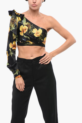 COUTURE One-Shoulder-Crop-Top Aus Seide Mit Blumenmuster Und Schleife