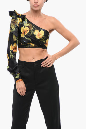 COUTURE Top Crop Monospalla in Seta a Fantasia Floreale con Fiocco