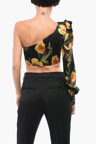 COUTURE One-Shoulder-Crop-Top Aus Seide Mit Blumenmuster Und Schleife