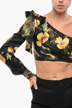 COUTURE Top Crop Monospalla in Seta a Fantasia Floreale con Fiocco