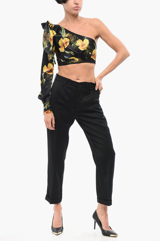COUTURE One-Shoulder-Crop-Top Aus Seide Mit Blumenmuster Und Schleife