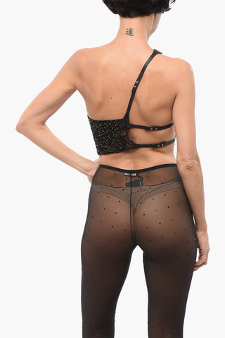 Crop Top Monospalla in Paillettes con Cinturini