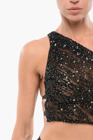 Crop Top Monospalla in Paillettes con Cinturini