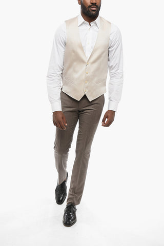 Gilet In Seta Ricamata 4 Bottoni Con Tasche A Filo