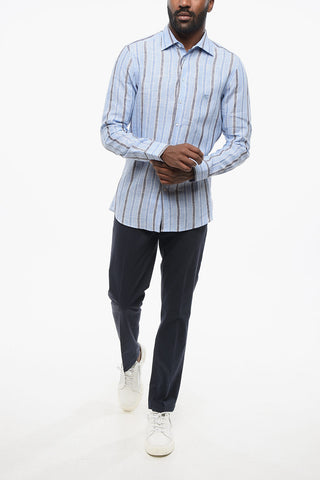 Awning Striped Linen Shirt with Embroidered Logo