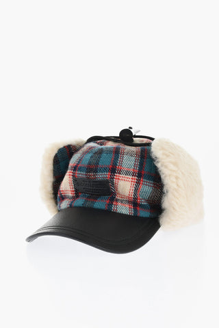 Checked Wool Blend Deerstalker Hat with Textured Leater Visor