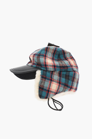 Checked Wool Blend Deerstalker Hat with Textured Leater Visor