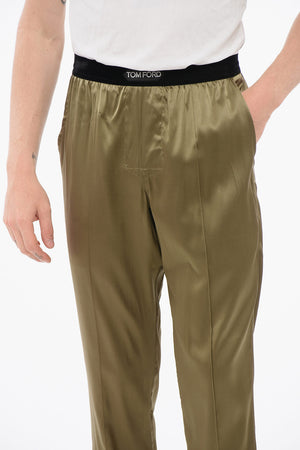 Pantaloni Pigiama in Satin di Seta con Dettaglio in Velour
