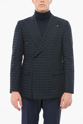 Linen-Blend Double-Breasted Blazer With Houndstooth Pattern