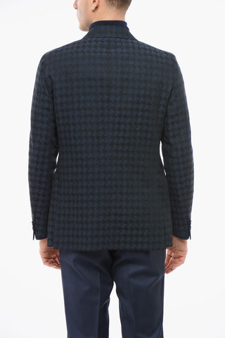 Linen-Blend Double-Breasted Blazer With Houndstooth Pattern
