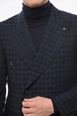 Linen-Blend Double-Breasted Blazer With Houndstooth Pattern