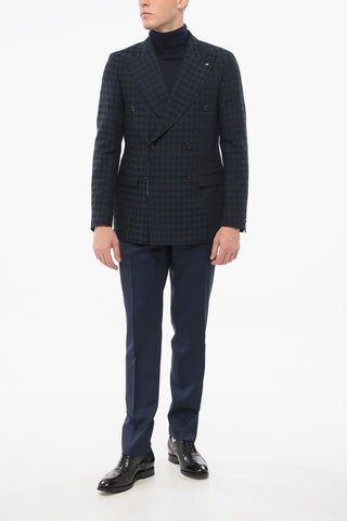 Linen-Blend Double-Breasted Blazer With Houndstooth Pattern