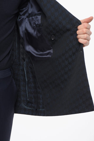 Linen-Blend Double-Breasted Blazer With Houndstooth Pattern