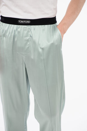 Pantaloni Pigiama in Satin di Seta con Dettaglio in Velour
