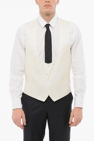 Gilet In Seta Ricamata 4 Bottoni Con Tasche A Filo