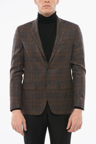 Checkered Motif Wool Blend Single Breasted Blazer With Jetted Pockets