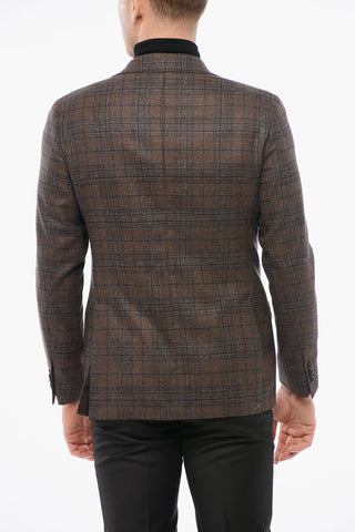 Checkered Motif Wool Blend Single Breasted Blazer With Jetted Pockets