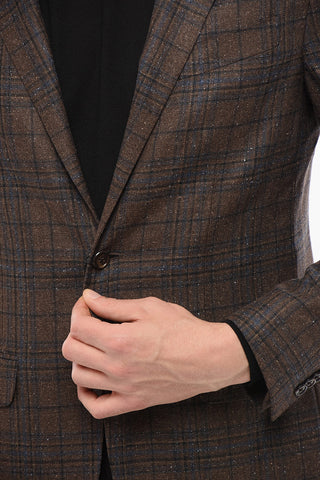Checkered Motif Wool Blend Single Breasted Blazer With Jetted Pockets